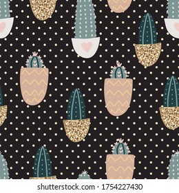 Seamless pattern with decorative houseplants. Trendy plants growing in pots. Set of beautiful natural home decorations. Flat colorful vector illustration with gold texture.