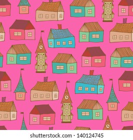 Seamless pattern with decorative houses. City background. Hand drawn town template for prints, textile, wallpapers, wraps