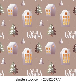 Seamless pattern with Decorative houses. Merry Christmas, cozy winter, New Year, holidays concept. Perfect for wrapping paper, scrapbooking, textile and product design.