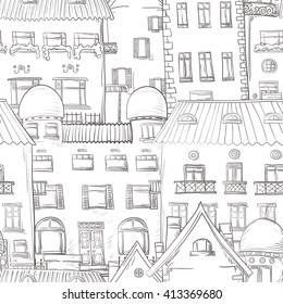 Seamless pattern of decorative houses, painted by hand. Vector graphics. Monochrome range.