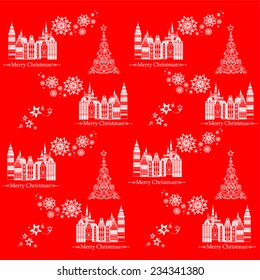 Seamless pattern with decorative houses in winter time. Christmas and New Year holidays City background. 