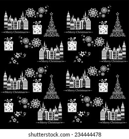 Seamless pattern with decorative houses in winter time. Christmas and New Year holidays City background. 