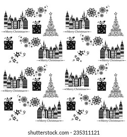 Seamless pattern with decorative houses in winter time. Christmas and New Year holidays City background. 