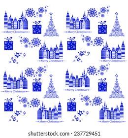 Seamless pattern with decorative houses in winter time. Christmas and New Year holidays City background. 