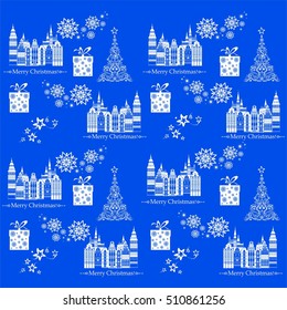 Seamless pattern with decorative houses in winter time. Christmas and New Year holidays City background. Vector illustration