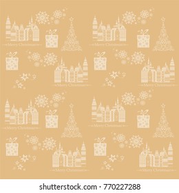 Seamless pattern with decorative houses in winter time. Christmas and New Year holidays City background. Vector illustration.