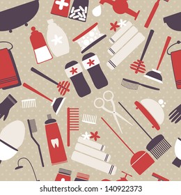 Seamless pattern with decorative hygiene elements on spotted background in retro colors. Vector illustration.