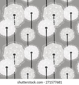 Seamless pattern with decorative images of dandelions. Vector black and white illustration.
