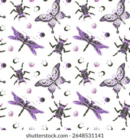 Seamless pattern of decorative insects with moths, beetles, and moons on white background.