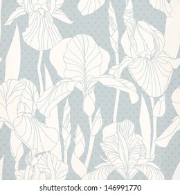 Seamless pattern with decorative iris flower in vintage colors. Vector background.