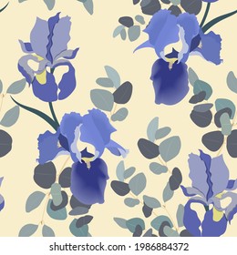 Seamless pattern with decorative iris flower and branch eucalyptus on a beige background. Vector Illustration. For decoration textile, packaging, wallpaper.