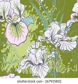 Seamless pattern with decorative   iris flower in retro colors. Vector background.