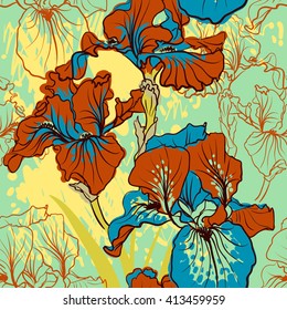 Seamless pattern with decorative   iris flower in retro colors. Vector background.