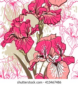 Seamless pattern with decorative   iris flower in retro colors. Vector background.