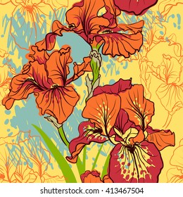 Seamless pattern with decorative   iris flower in retro colors. Vector background.