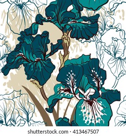 Seamless pattern with decorative   iris flower in retro colors. Vector background.