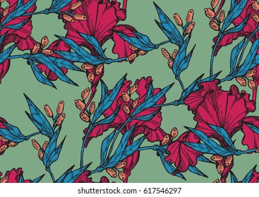 Seamless pattern with decorative iris flower in retro colors. Vector background.