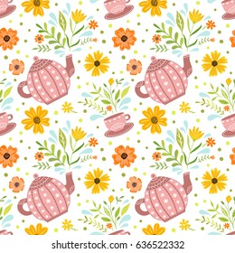 Seamless pattern with decorative kettle, cup, summer flowers and herbs. 