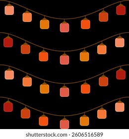 Seamless pattern, decorative lamp, warm light, hanging lamp, multicolored lights on black background, suitable for wallpaper, background, fabric pattern