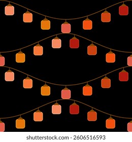 Seamless pattern, decorative lamp, warm light, hanging lamp, multicolored lights on black background, suitable for wallpaper, background, fabric pattern