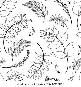 Seamless pattern with decorative leaves. Black and white hand drawn vector illustration.