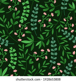 Seamless pattern with decorative  leaves and cute tiny flowers . Suitable for printing on fabric, wrapping paper, packaging, wall paper. 