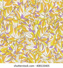 Seamless pattern from decorative leaves drawn by hand and painted. Vector graphics.