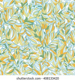 Seamless pattern from decorative leaves drawn by hand and painted. Vector graphics.