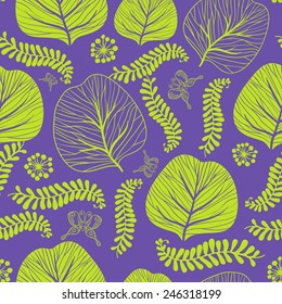 Seamless pattern with decorative leaves, flowers and seeds