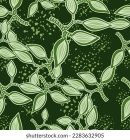 Patrón sin foco con hojas decorativas. Textura botánica exótica dibujada a mano. Esbozar papel tapiz sin fisuras de la hoja de la jungla. Fondo vectorial floral. Diseño para tela, impresión textil, envoltura, cubierta