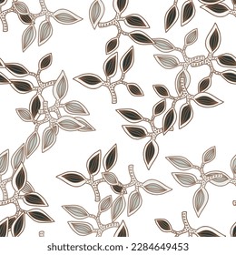 Patrón sin foco con hojas decorativas. Textura botánica exótica dibujada a mano. Esbozar papel tapiz sin fisuras de la hoja de la jungla. Fondo vectorial floral. Diseño para tela, impresión textil, envoltura, cubierta