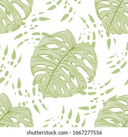 Seamless pattern with decorative leaves of monstera creeper. Green carved leaves in tropical Silva. Continuous pattern with floral elements. Endless texture. For a different design.