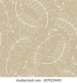 Patrón inmaculado con hojas decorativas sobre fondo beige. Ilustración vectorial dibujada a mano.