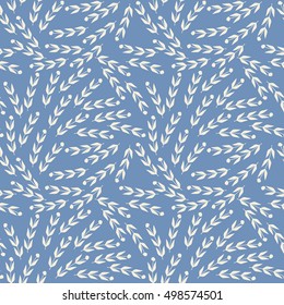 Seamless pattern with decorative leaves silhouettes isolated on blue background can be used for design fabric, backgrounds, wrapping paper, package, covers, linen and more designs.
