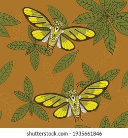 PATRÓN INSEGURO con un patrón decorativo de hojas y cigarras cantantes. tonos marrones y verdes. fondo natural para textiles, impresión, papel
