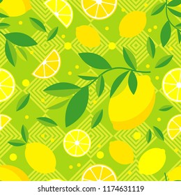 Seamless pattern with decorative lemons. Cute cartoon. Summer garden. Lemon jam. Vector illustration. Textile rapport.