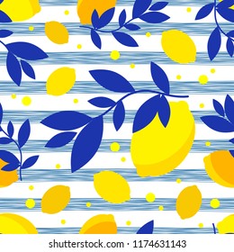 Seamless pattern with decorative lemons. Cute cartoon. Summer garden. Lemon jam. Vector illustration. Textile rapport.