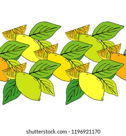 Seamless pattern with decorative lemons. Cute cartoon. Summer garden. Brushwork. Hand hatching. Doodle. Vector illustration. Can be used for wallpaper, textile, invitation card, wrapping, web page bac
