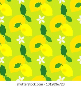 Seamless pattern with decorative lemons, leaves and flowers. Polygons. Cute cartoon. Summer garden. Vector illustration. Can be used for wallpaper, textile, invitation card, wrapping, web.