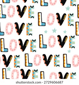 Seamless pattern with decorative letters and word love. Childsih abstract lettering texture with creative letters