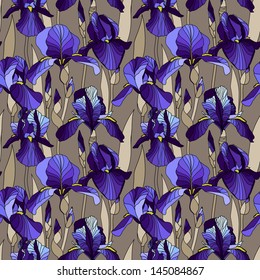 Seamless pattern with decorative lilac  iris flower in retro colors