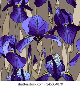 Seamless pattern with decorative lilac  iris flower in blue retro colors. Vector background.