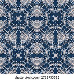 Seamless pattern with decorative mandala lotus flowers. Dark blue background. Vector illustration.