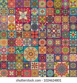 Seamless pattern with decorative mandalas. Vintage mandala elements. Colorful patchwork