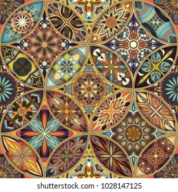 Seamless pattern with decorative mandalas. Vintage mandala elements. Colorful patchwork