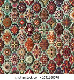 Seamless pattern with decorative mandalas. Vintage mandala elements. Colorful patchwork