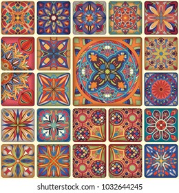 Seamless pattern with decorative mandalas. Vintage mandala elements. Colorful patchwork