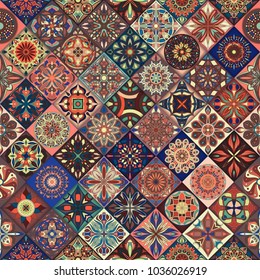 Seamless pattern with decorative mandalas. Vintage mandala elements. Colorful patchwork