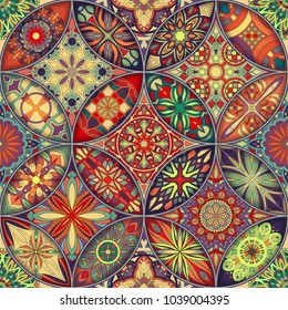 Seamless pattern with decorative mandalas. Vintage mandala elements. Colorful patchwork