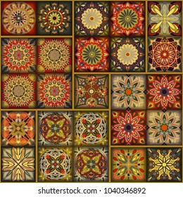 Seamless pattern with decorative mandalas. Vintage mandala elements. Colorful patchwork